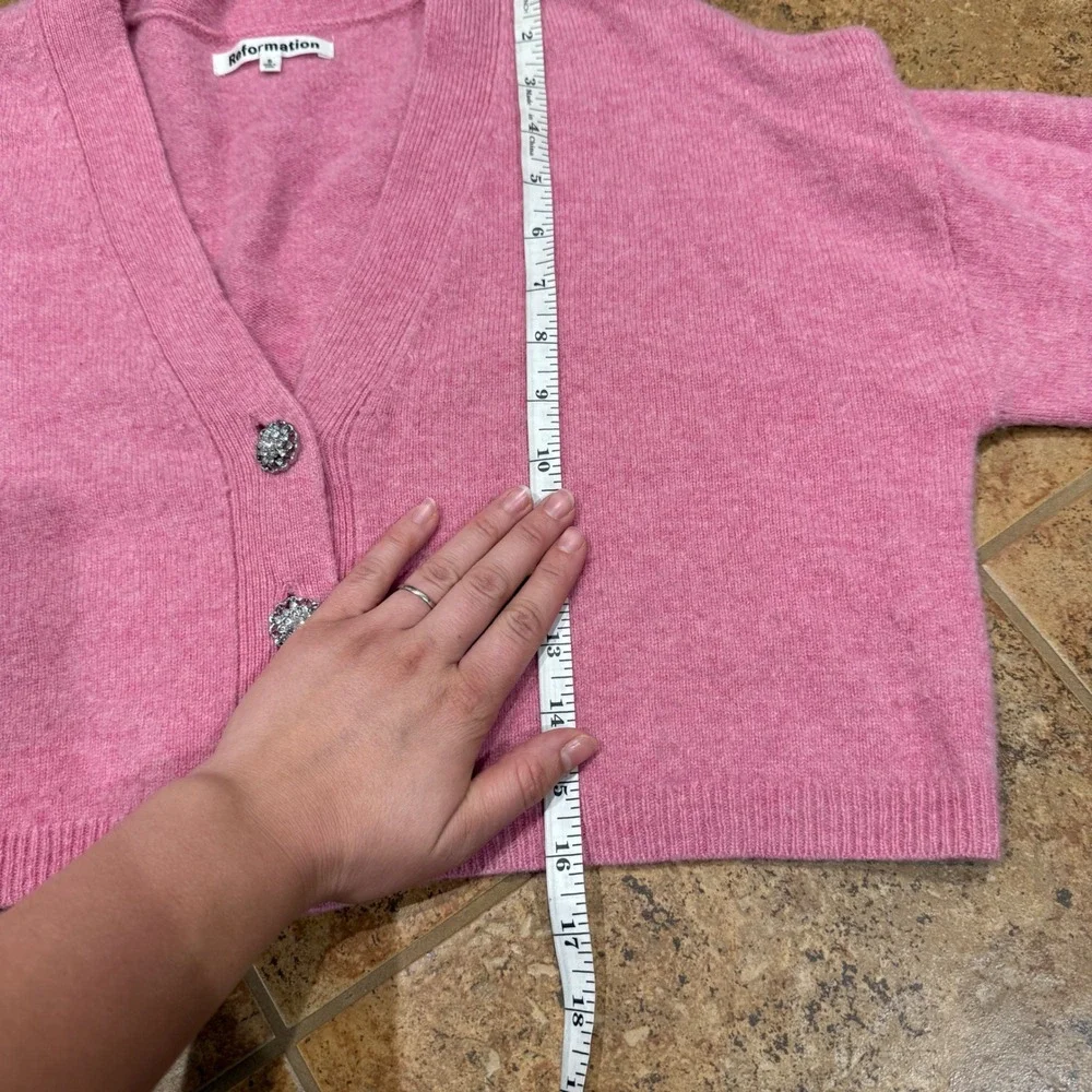 Reformation Val Pink Wool Cropped Cardigan Crystal Button Sweater S Cozy Layerin